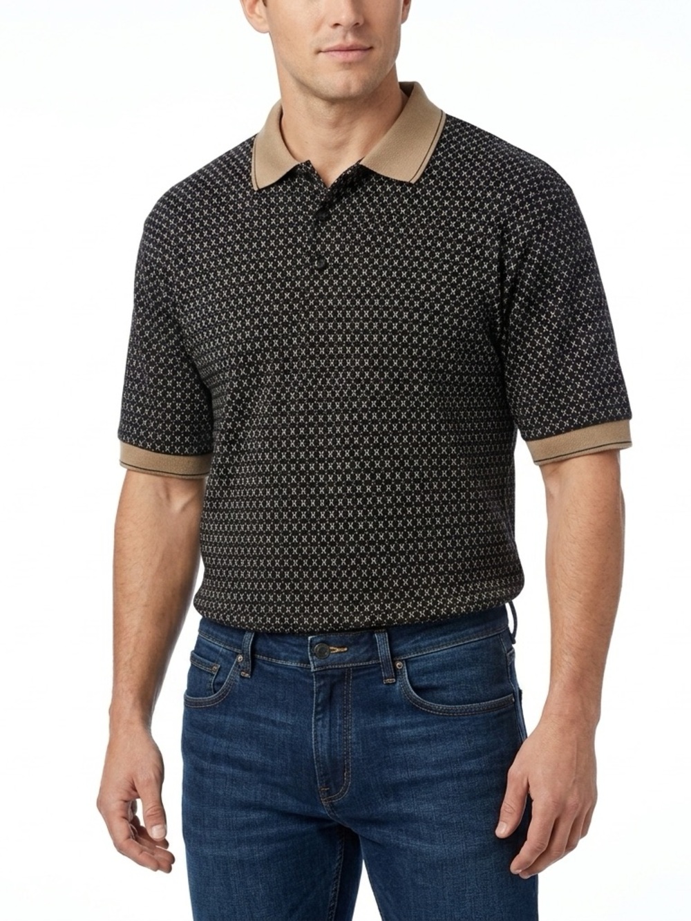 Premier International Polo Shirt with Tan Trim Black Patterned (Size L)